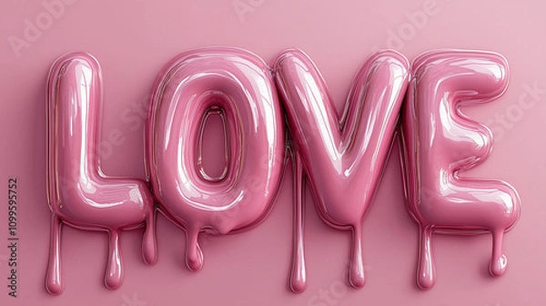 Fototapeta Banner with 3D text "LOVE" in the style of dripping liquid, pink on a pink background, cute and dreamy, pastel colors, hyper-realistic illustrations, fluid forms, sculpted details, minimalism