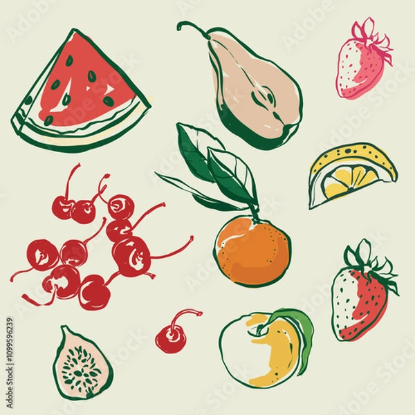 Fototapeta Vector composition of Mediterranean fruits. Hand-drawn vintage doodle set with watermelon, pear, cherry, strawberry, orange, lemon and fig. Tasty food for design, print, fabric or background.