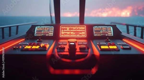 Obraz Futuristic ship control panel at sunset.