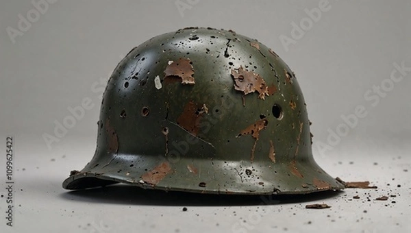 Fototapeta A cracked and weathered soldier's helmet on white background. Representing the fragility of war. War and conflict concept. Copy space.