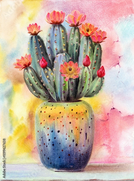 Fototapeta Colored pencil and watercolor illustration of a blooming cactus in a clay pot on a pink and yellow background (This illustration was drawn by hand without the use of generative AI!)