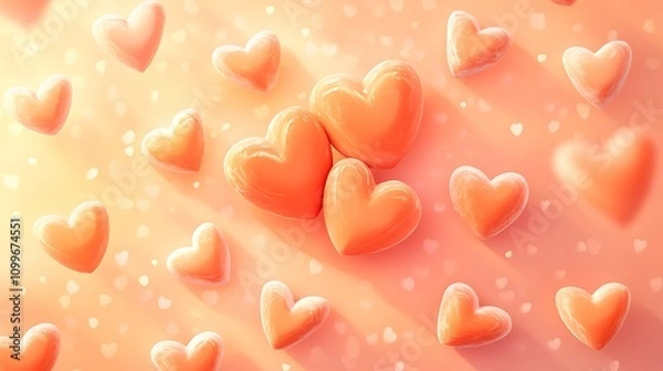Fototapeta A vibrant couple kiss emoji in warm coral tones surrounded by soft, radiant hearts on a pastel canvas ,