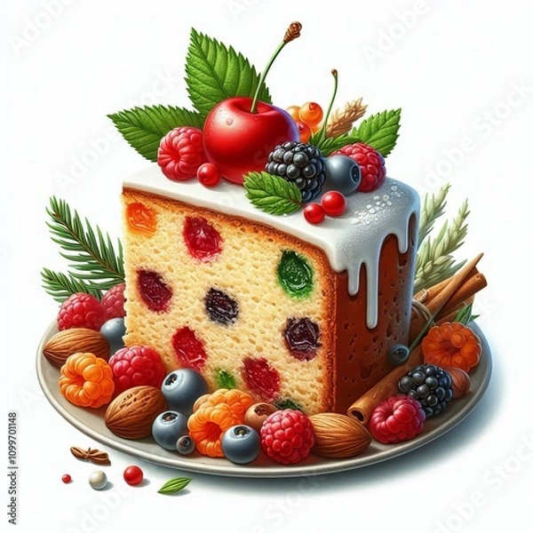 Fototapeta Fruitcake A slice of fruitcake with a cherry on top isolated on