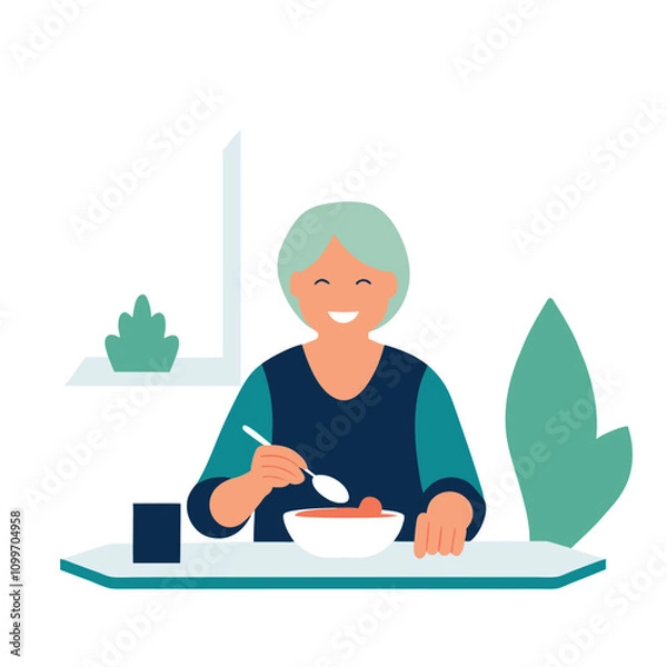 Fototapeta Senior woman eating soup at home. Vector illustration in flat style.