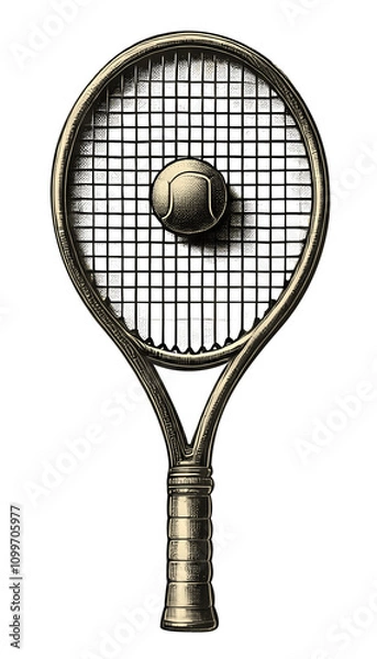 Fototapeta Vintage tennis racket illustration, tennis racket and ball with engraving detailed sketch design, isolated on transparent background Black and white PNG