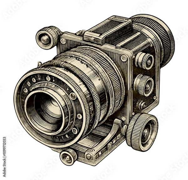 Fototapeta Vintage camera illustration, classic engraving of a retro camera with detailed sketch, isolated on transparent background. Black and white PNG
