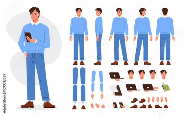 Fototapeta Business man character constructor for animation. Front, side and back view set. Body parts, postures, poses collection. Vector illustration.