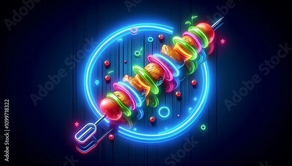 Fototapeta neon glowing skewer of vegetables and meat floating over sleek, metallic blue background with gradient glow
