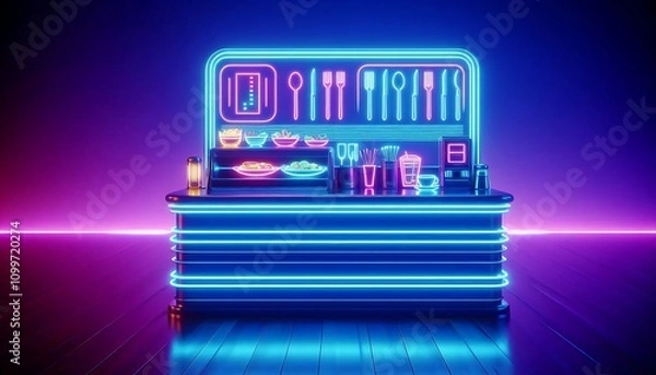 Fototapeta neon lit futuristic diner counter with glowing plates of food and utensils,featuring gradient blue and purple background