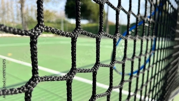 Obraz tennis net close-up, blue racket and green court in the background