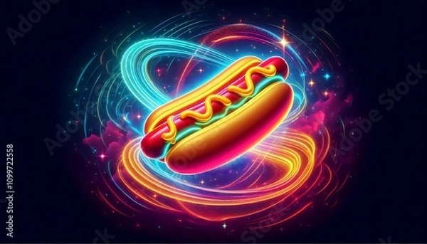 Fototapeta glowing hotdog bun with vibrant neon mustard and ketchup layers, floating on futuristic holographic swirl background