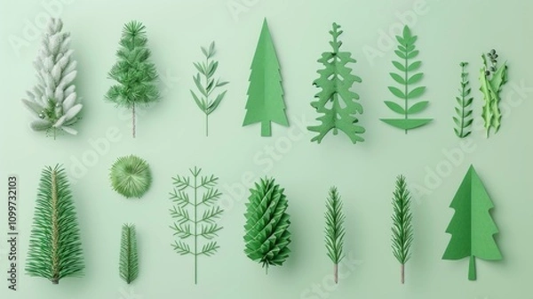 Obraz Set of green paper cut trees and plants on light background in minimalist style, flat lay composition