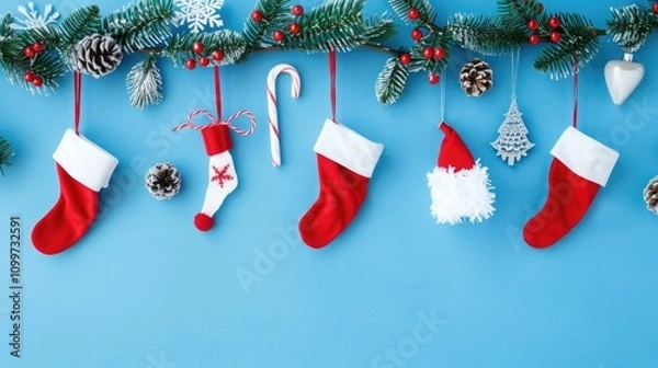 Obraz Christmas background with red stockings, candy canes and decorations on a blue background reflecting the festive mood