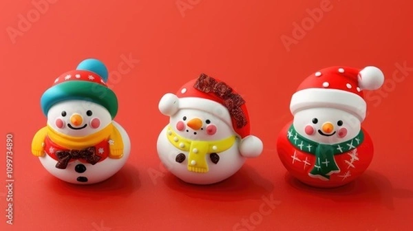 Obraz Three cute Christmas snowmen on a red background in 2D illustration style with plasticine texture at a 45 degree angle. Cute cartoon design with bright colors and a simple and clean look