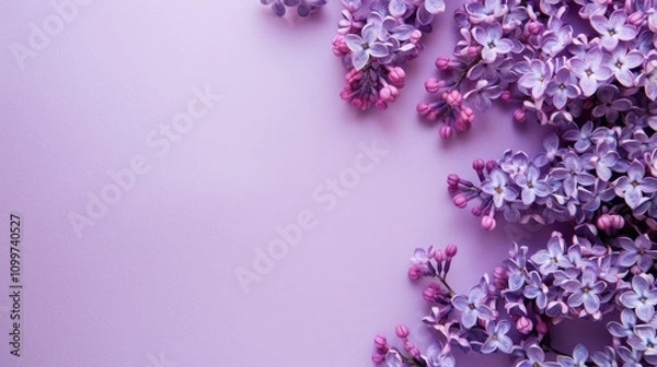 Obraz Purple flowers on lilac background, flat lay, minimalist concept, suitable for art photography background