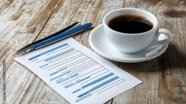 Fototapeta Feedback Form with Coffee on a Wooden Table