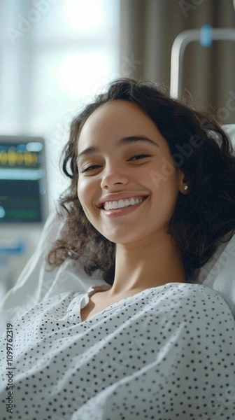 Obraz IVF healthcare medical concept, A smiling woman in a hospital bed, wearing a patient gown, conveying positivity and resilience during her recovery.