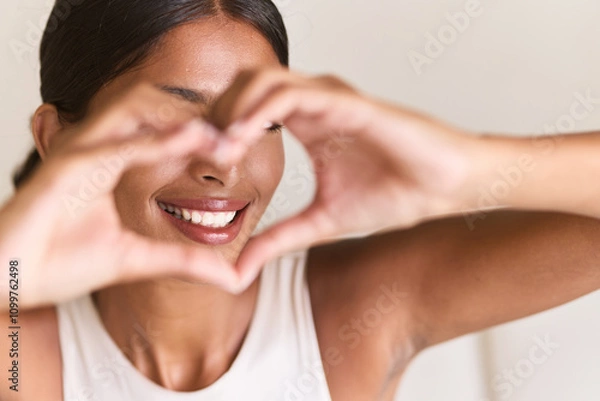 Fototapeta Teeth Whitening. Woman Creating Heart Shape With Hands, Radiating Happiness And Positivity. Natural Beauty With Emphasized White Teeth And Engaging Expression.
