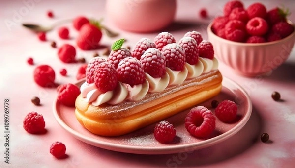 Obraz Raspberry eclair with cream and raspberry berries on a pink background closeup
