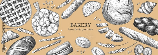 Fototapeta Bakery products. Bakery design template. Hand-drawn illustration of Bred. Ink. Vector