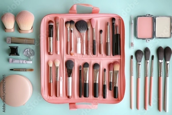 Obraz Beauty tools organized in a stylish makeup case ready for application and touch-ups