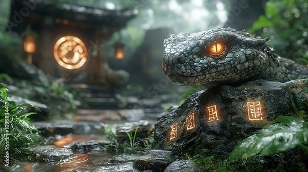 Fototapeta A Japanese serpent spirit coiling around an ancient stone shrine, with glowing runes on the rocks