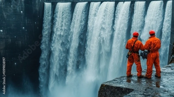 Fototapeta Workers Inspecting Hydroelectric Dam Control System