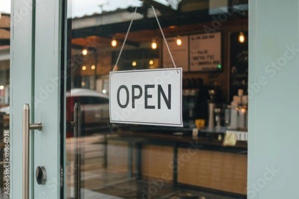 Fototapeta A sign with the word 'Open' on the door of a coffee shop.