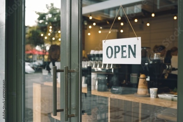 Fototapeta A sign with the word 'Open' on the door of a coffee shop.