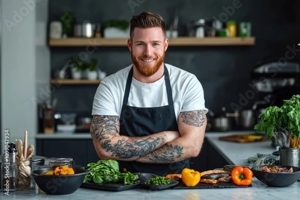 Obraz Smiling chef with tattoos poses confidently in a modern kitchen showcasing fresh ingredients and dishes