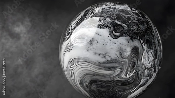 Fototapeta A black and white photograph of an isolated soap bubble with detailed patterns on the surface, floating in mid-air
