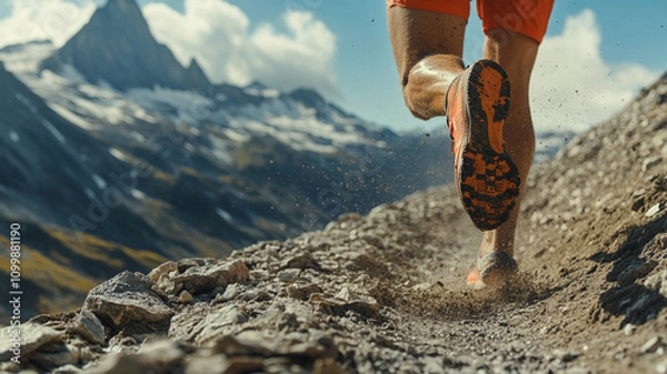 Fototapeta Close up of trail running shoes gripping rocky 