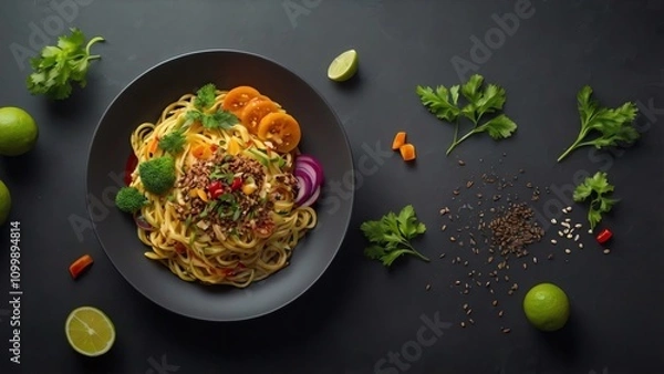 Fototapeta A colorful plate of delicious spaghetti garnished with fresh herbs and citrus, perfect for food lovers and culinary enthusiasts