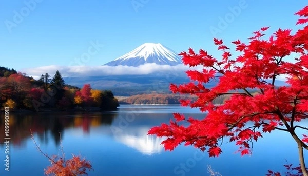 Obraz Stunning Landscape of Mount Fuji with Red Autumn Leaves Reflected in the Lake