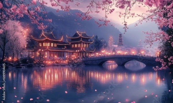 Fototapeta beautiful tibet night scene wallpaper background, in the style of gothic illustration, surrealistic elements, religious building, cherry blossoms, view of chinese temple