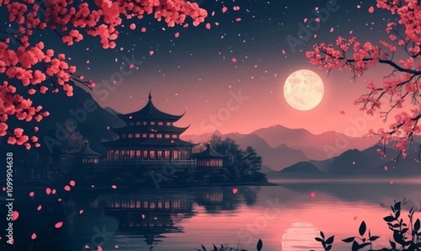 Fototapeta beautiful tibet night scene wallpaper background, in the style of gothic illustration, surrealistic elements, religious building, cherry blossoms, view of chinese temple