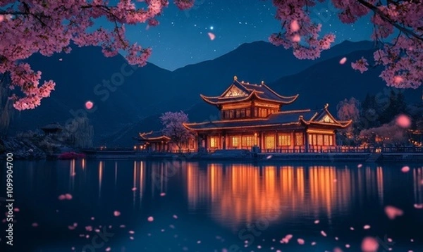 Fototapeta beautiful tibet night scene wallpaper background, in the style of gothic illustration, surrealistic elements, religious building, cherry blossoms, view of chinese temple