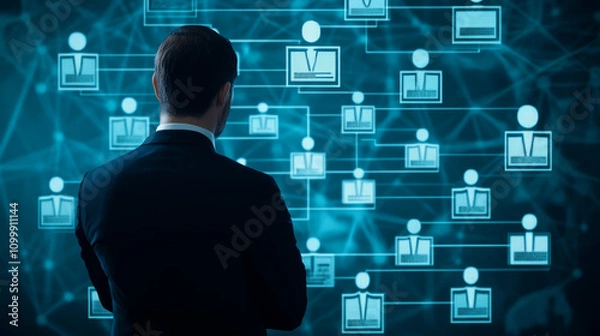 Fototapeta Hierarchical management structure shown with a flowchart on a screen, presented by a senior executive to a group