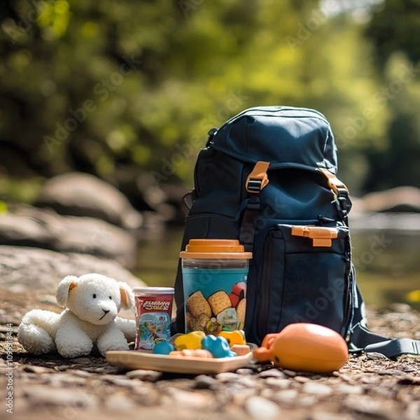 Obraz Outdoor Adventure with Camping Gear and Supplies on Forest Trail