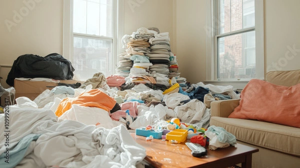 Fototapeta Cluttered Living Room Filled with Piles of Laundry and Household Items Creating a Messy and Overwhelming Atmosphere