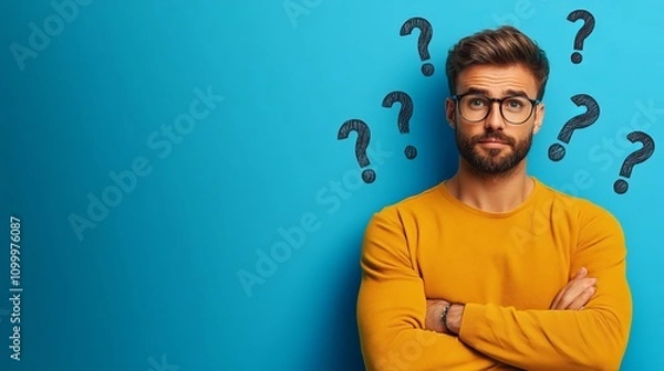 Fototapeta Pensive Caucasian man with glasses in a yellow sweater, looking confused against a bright blue background with question marks around him.