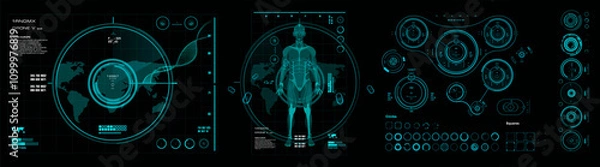 Fototapeta Futuristic graphic set of HUD elements with parameters and digital figure of person. Futuristic illustration with scanned biometric human figure in HUD style for personal user interface