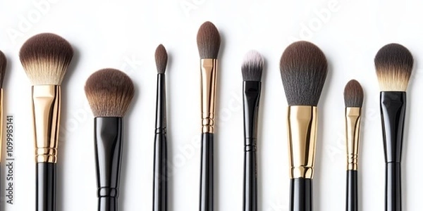 Fototapeta A collection of make up brushes displayed against a white background, highlighting the elegance and variety of make up brushes for beauty enthusiasts and professionals alike.