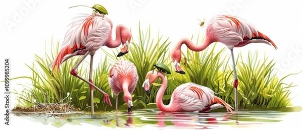 Fototapeta Flamingos going on a bug hunt