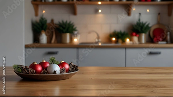 Fototapeta Kitchen blurred background with an empty wooden table or counter, Christmas decorations, and lights, selective focus, for product presentation.