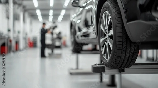 Fototapeta Blurred image of a car repair shop with a car on a hydraulic lift and a mechanic working on it. Blurred minimalistic background