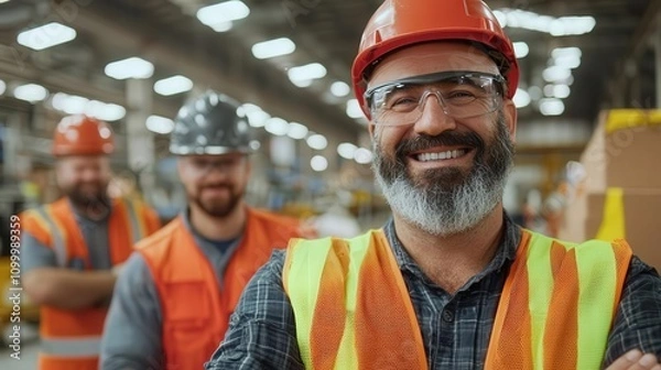 Fototapeta Diverse group of industrial workers standing together in a factory, wearing safety gear and smiling with teamwork pride, high resolution photo with rich details and sharp focus,