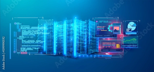 Fototapeta High-tech visualization of a data server or cloud datacenter in glowing blue hues with interactive futuristic interface elements showing graphs, charts, and coding on a clean gradient background.