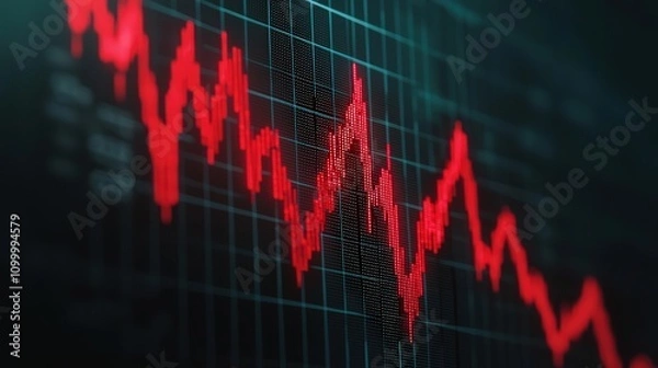 Fototapeta Declining financial chart with red downward arrows, economic recession theme, 3D illustration