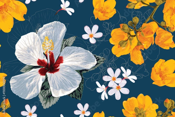 Fototapeta Floral seamless pattern with Hibiscus and Cochlospermum religiosum​ flowers background.Vector illustration hand drawing. For textile,curtain,fabric pattern print design.